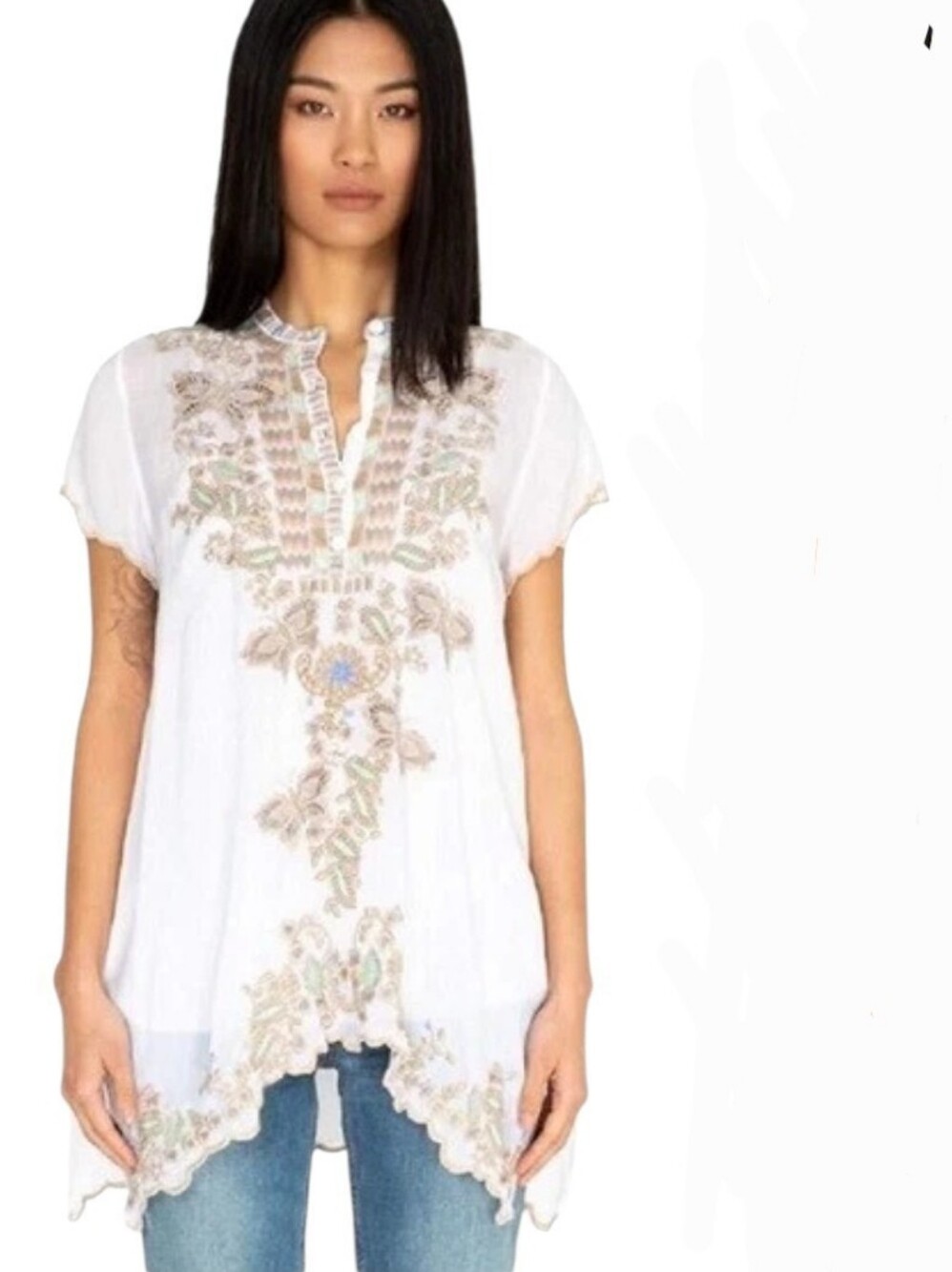Johnny Was Monark Tunic White Floral Embroidered Semi Sheer Women's Small